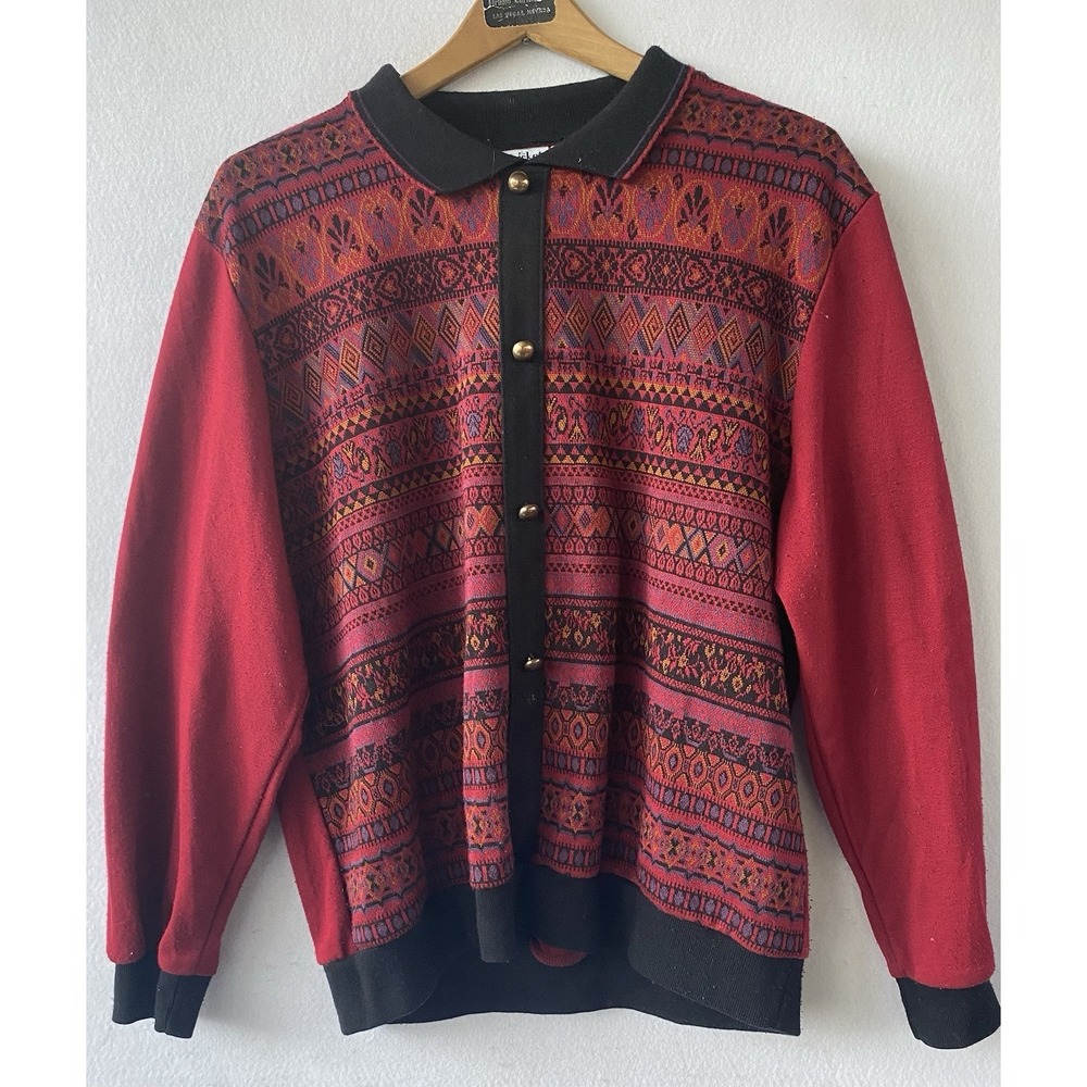 VTG Cricket Lane Sweater Cardigan Plaid Red Gold Buttons Women's Large